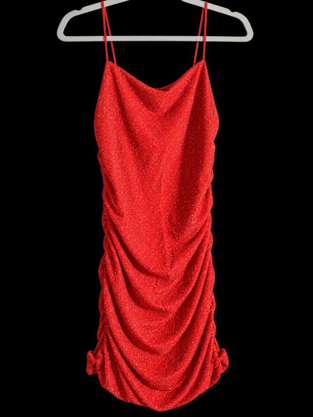 Red Glitter Ruched Cowl Neck Mini Dress Spaghetti Strap Party Cocktail